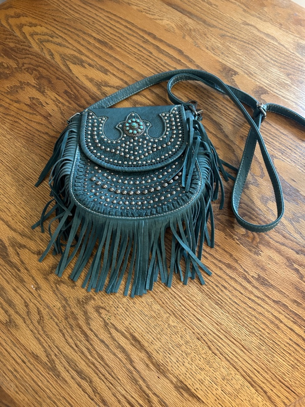 Montana West Teal Fringe Crossbody Bag with Studs and Turquoise Accent